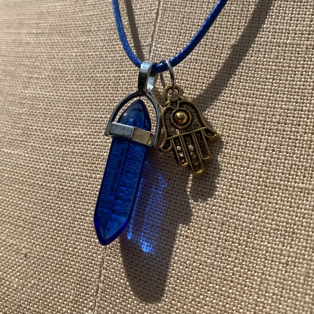 Handmade Cobalt Blue Resin Crystal Amulet Necklace & Hamsa Hand Charm - Picture 3 of 11
